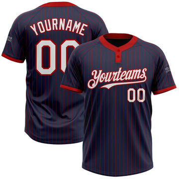 Custom Navy Red Pinstripe White Two-Button Unisex Softball Jersey