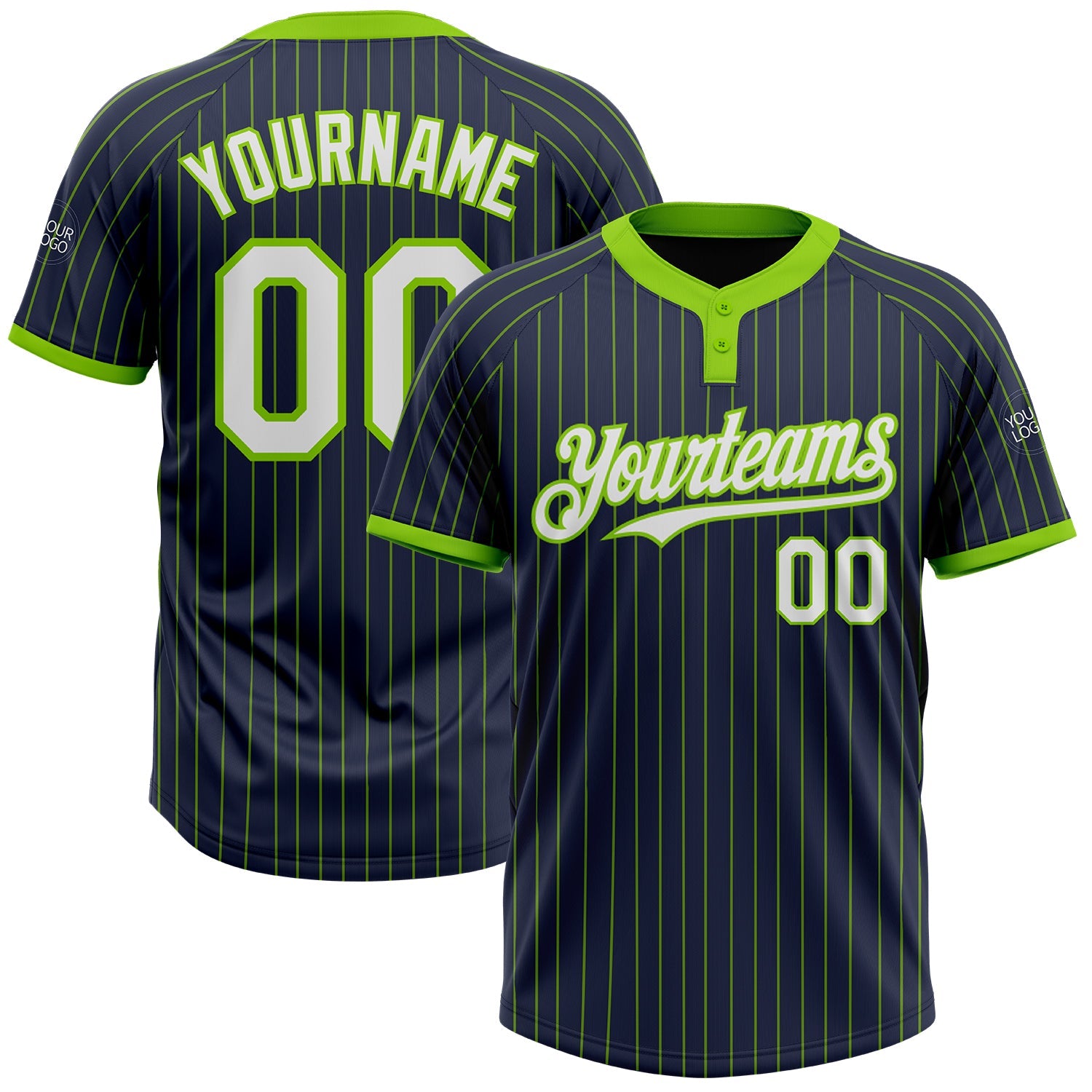 Custom Navy Neon Green Pinstripe White Two-Button Unisex Softball Jersey