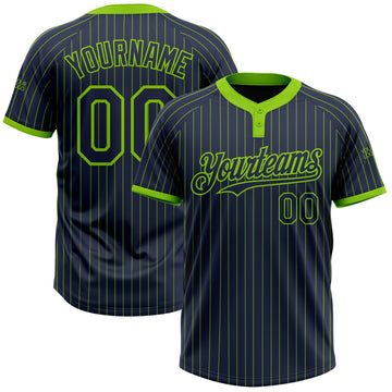 Custom Navy Neon Green Pinstripe Neon Green Two-Button Unisex Softball Jersey