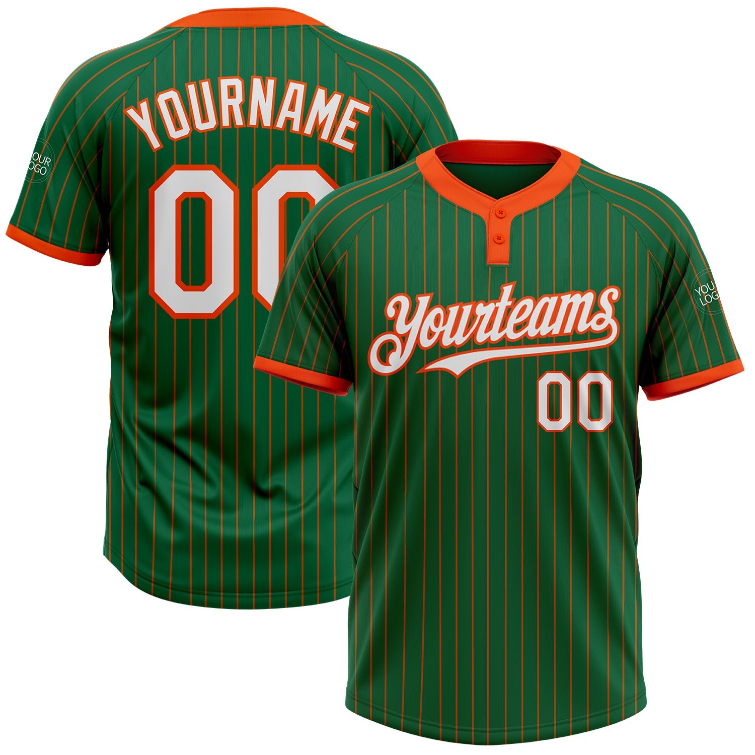 Custom Kelly Green Orange Pinstripe White Two-Button Unisex Softball Jersey