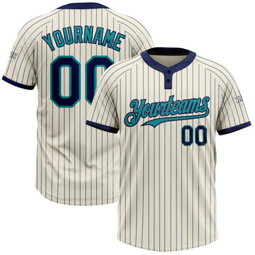 Custom Cream Navy Pinstripe Teal Two-Button Unisex Softball Jersey