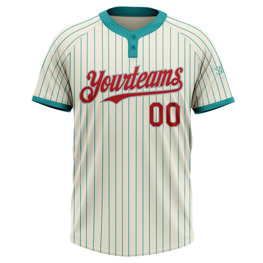 Custom Cream Teal Pinstripe Red-Gray Two-Button Unisex Softball Jersey