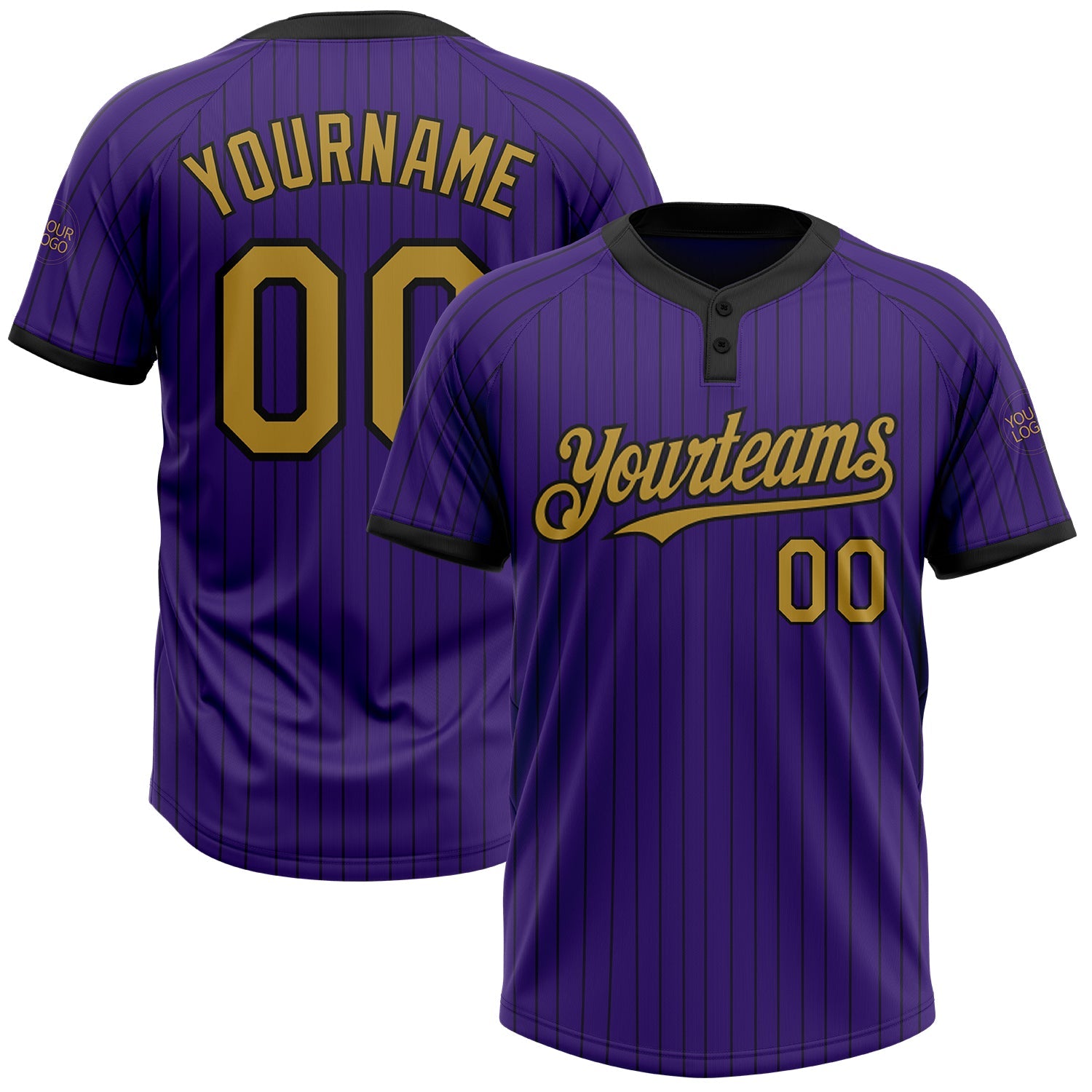 Custom Purple Black Pinstripe Old Gold Two-Button Unisex Softball Jersey