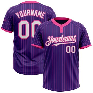 Custom Purple Pink Pinstripe White Two-Button Unisex Softball Jersey