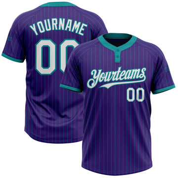 Custom Purple Teal Pinstripe White Two-Button Unisex Softball Jersey