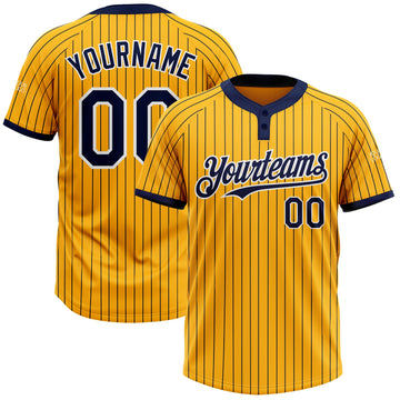 Custom Gold Navy Pinstripe White Two-Button Unisex Softball Jersey