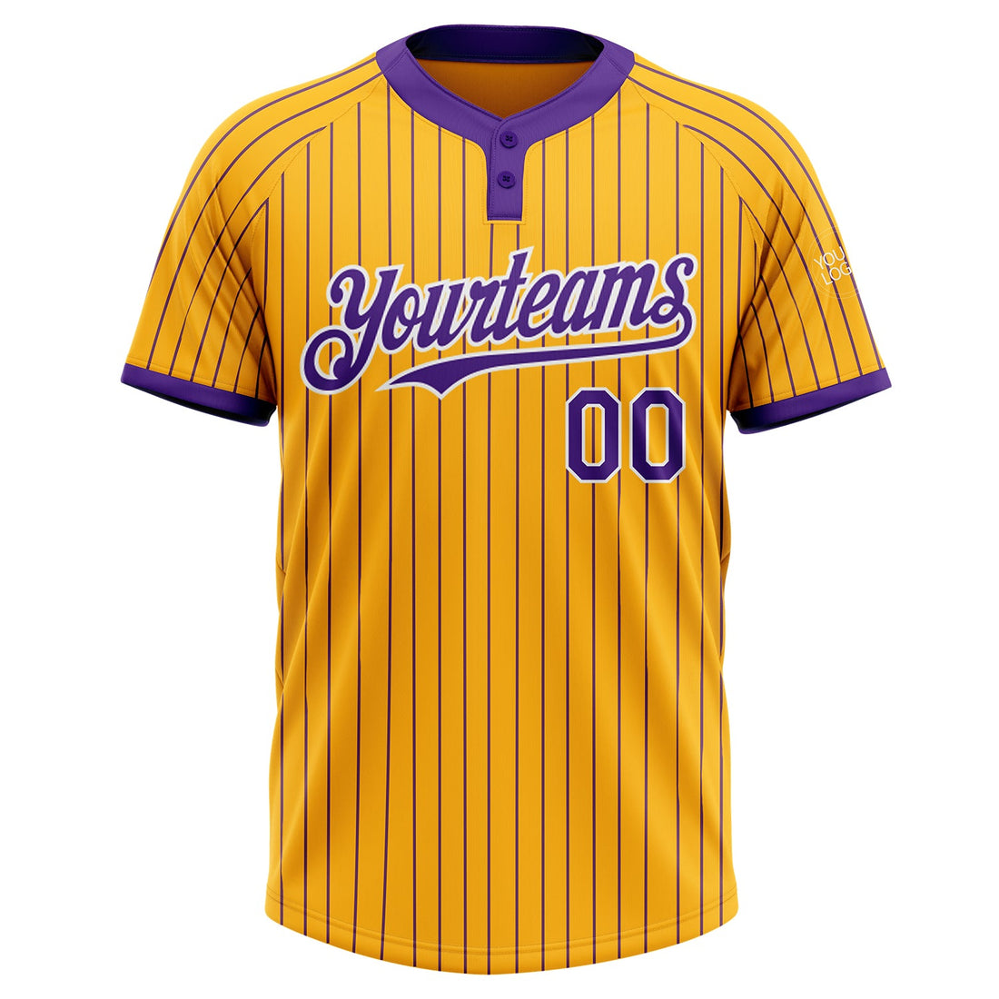 Custom Gold Purple Pinstripe White Two-Button Unisex Softball Jersey