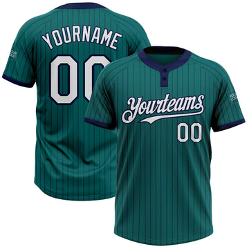 Custom Teal Navy Pinstripe White Two-Button Unisex Softball Jersey