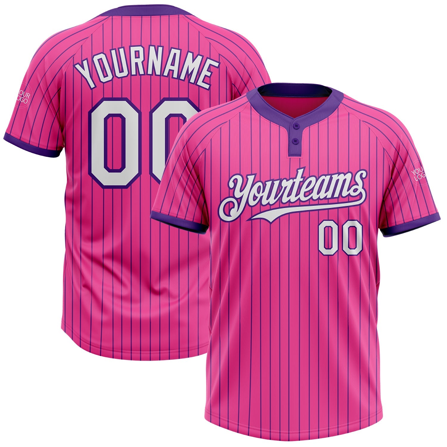 Custom Pink Purple Pinstripe White Two-Button Unisex Softball Jersey