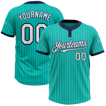 Custom Aqua Navy Pinstripe White Two-Button Unisex Softball Jersey