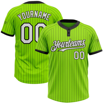 Custom Neon Green Black Pinstripe White Two-Button Unisex Softball Jersey