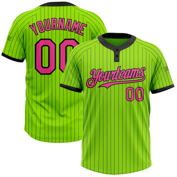 Custom Neon Green Black Pinstripe Pink Two-Button Unisex Softball Jersey