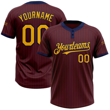 Custom Burgundy Navy Pinstripe Gold Two-Button Unisex Softball Jersey