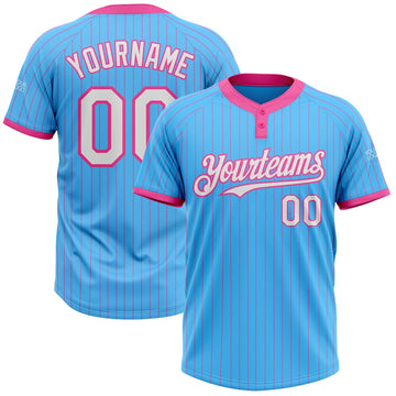 Custom Sky Blue Pink Pinstripe White Two-Button Unisex Softball Jersey