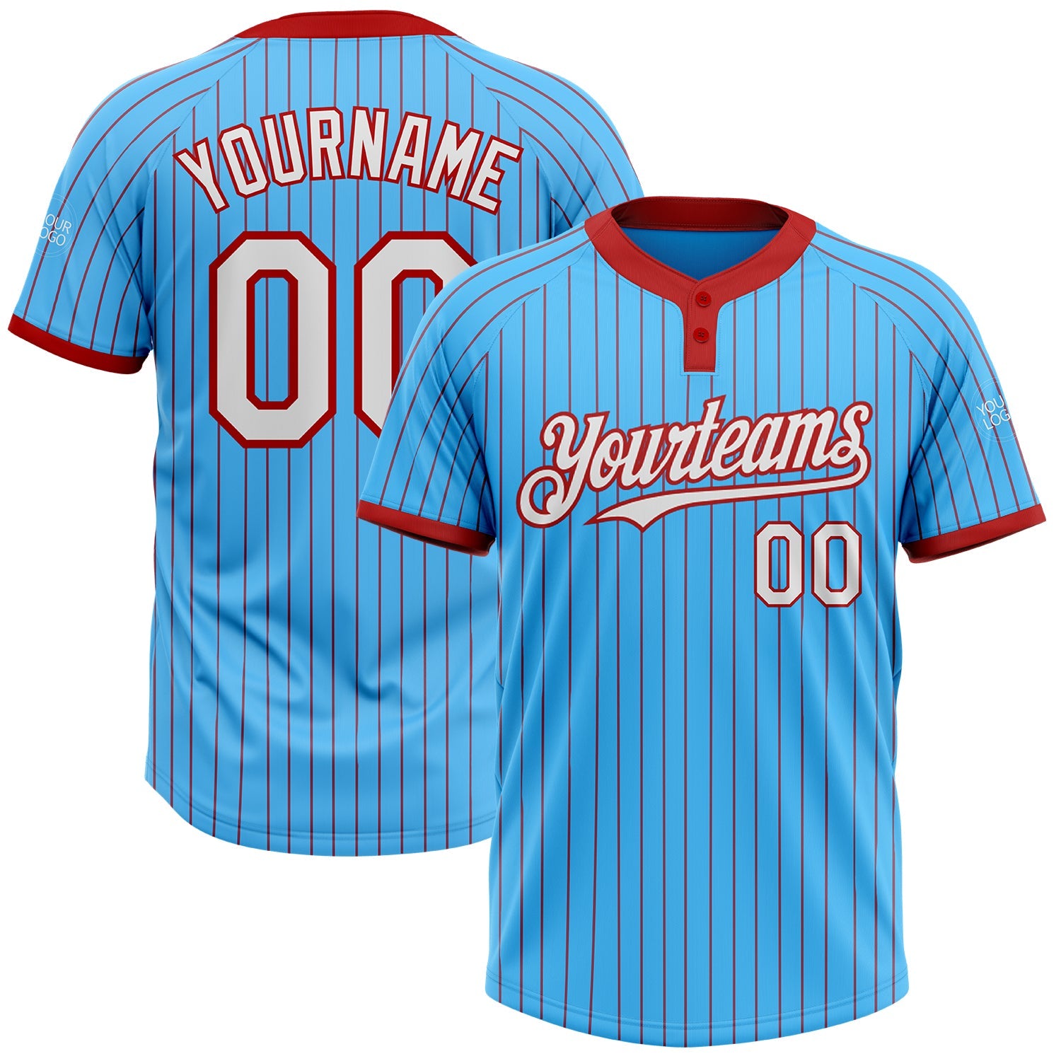 Custom Sky Blue Red Pinstripe White Two-Button Unisex Softball Jersey