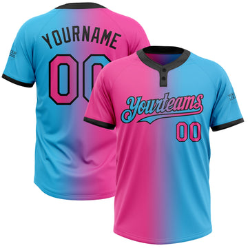 Custom Sky Blue Pink-Black Gradient Fashion Two-Button Unisex Softball Jersey