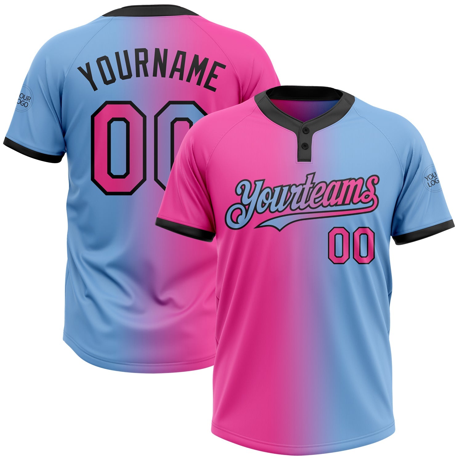 Custom Light Blue Pink-Black Gradient Fashion Two-Button Unisex Softball Jersey