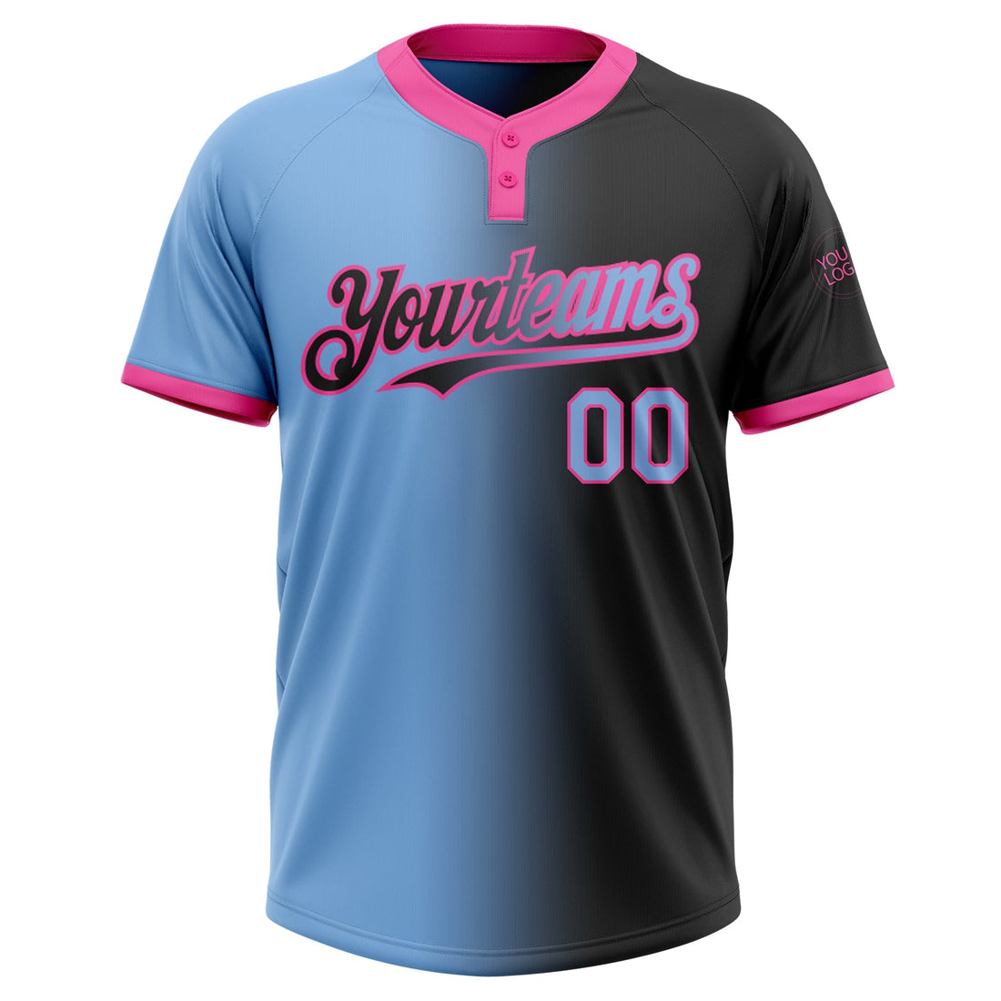 Custom Black Light Blue-Pink Gradient Fashion Two-Button Unisex Softball Jersey