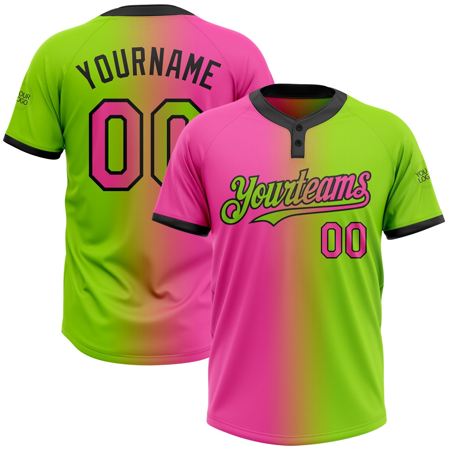 Custom Neon Green Pink-Black Gradient Fashion Two-Button Unisex Softball Jersey