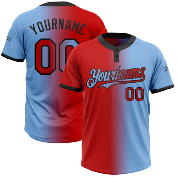 Custom Light Blue Red-Black Gradient Fashion Two-Button Unisex Softball Jersey