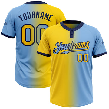 Custom Light Blue Yellow-Navy Gradient Fashion Two-Button Unisex Softball Jersey