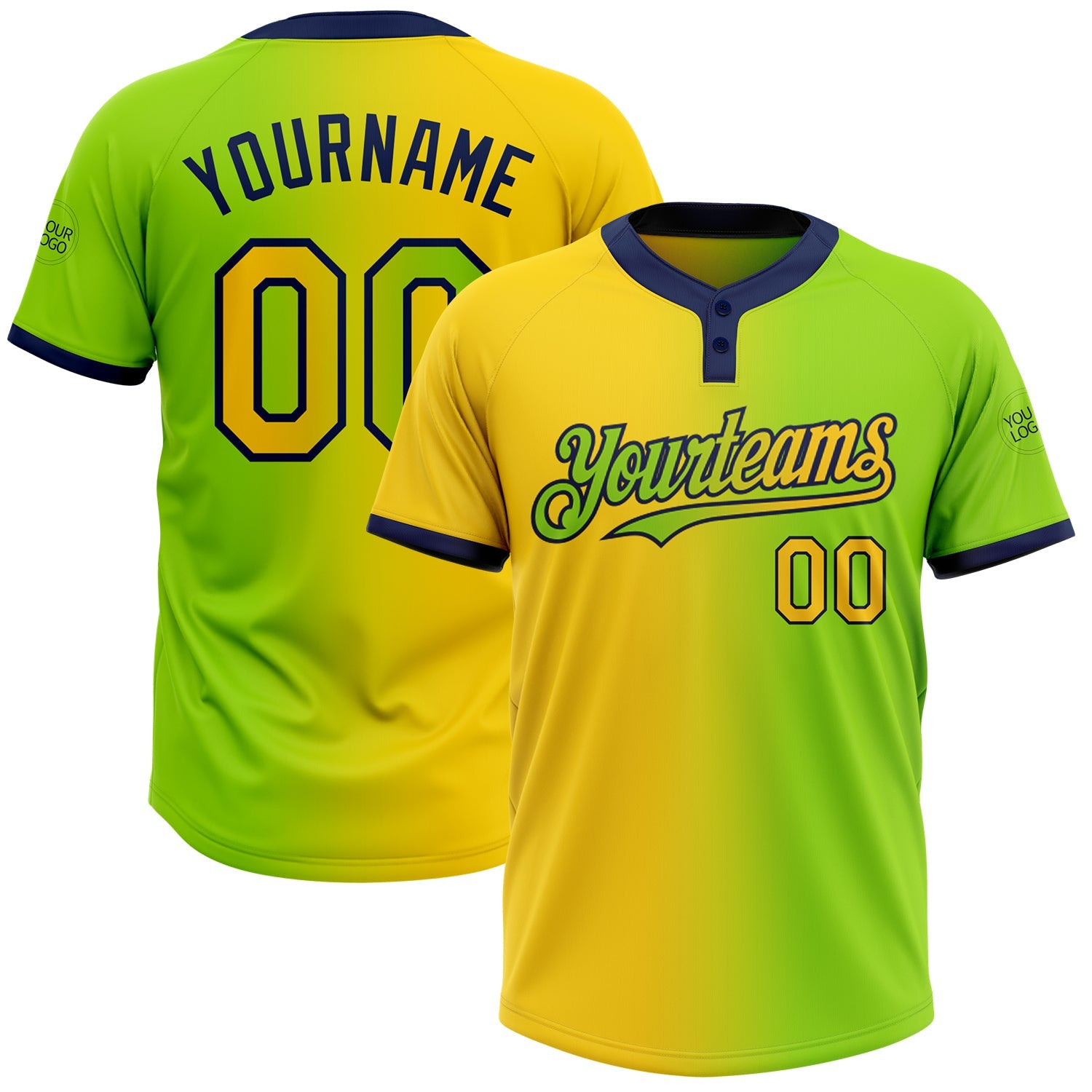 Custom Neon Green Yellow-Navy Gradient Fashion Two-Button Unisex Softball Jersey