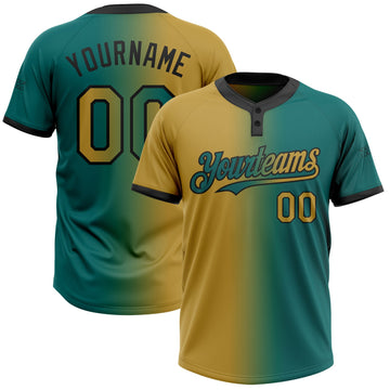 Custom Teal Old Gold-Black Gradient Fashion Two-Button Unisex Softball Jersey