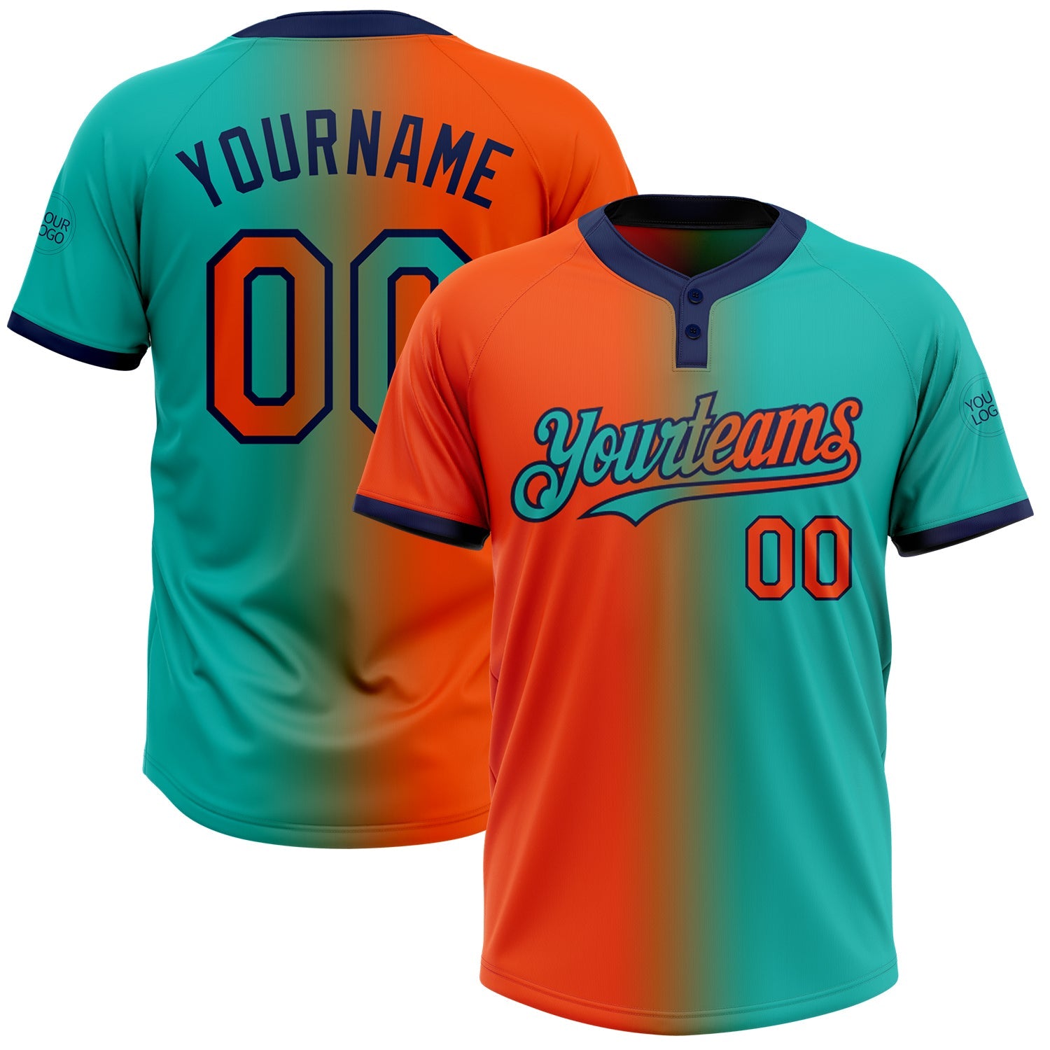 Custom Aqua Orange-Navy Gradient Fashion Two-Button Unisex Softball Jersey