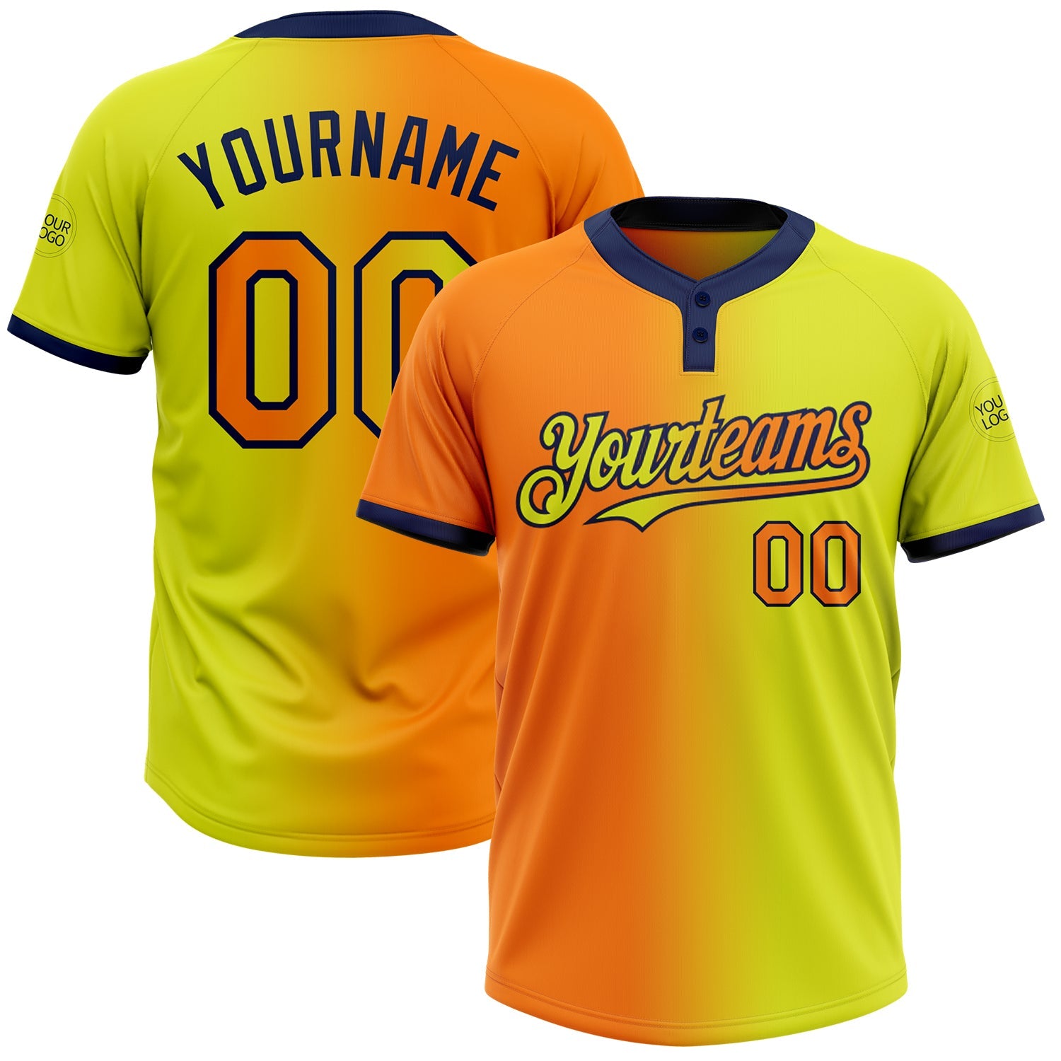 Custom Neon Yellow Bay Orange-Navy Gradient Fashion Two-Button Unisex Softball Jersey