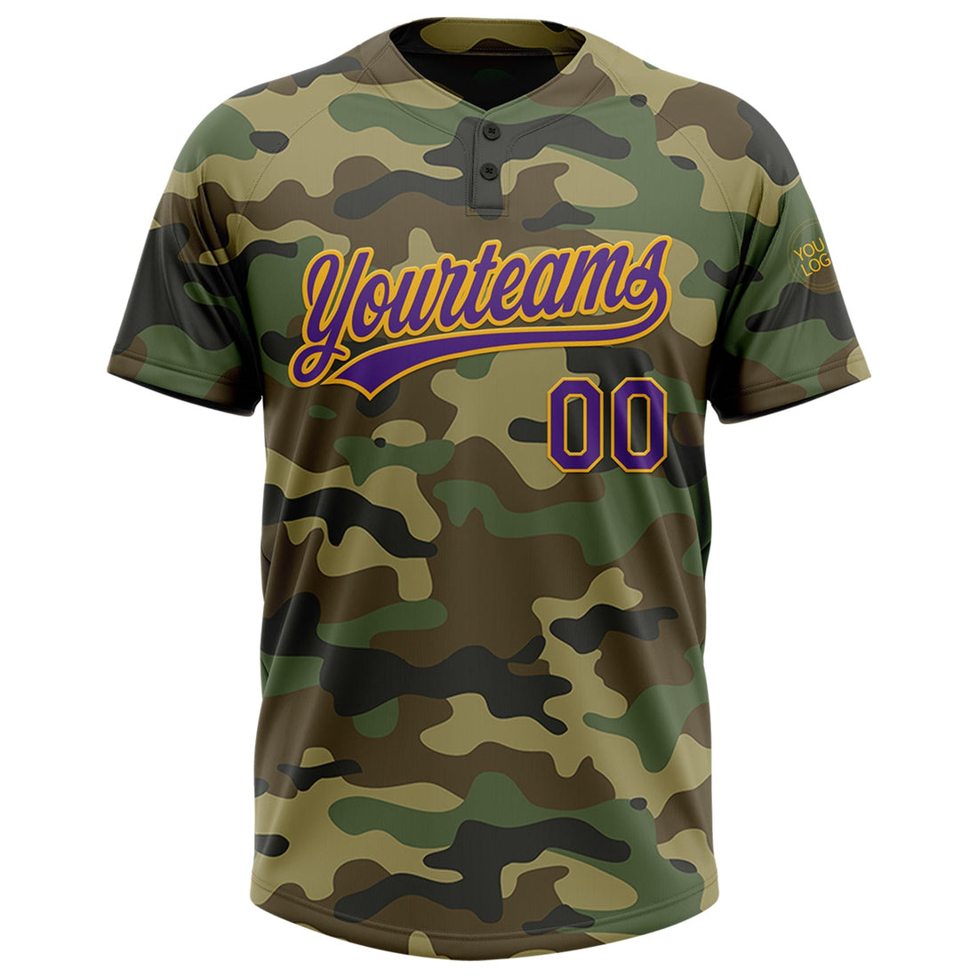 Custom Camo Purple-Gold Salute To Service Two-Button Unisex Softball Jersey