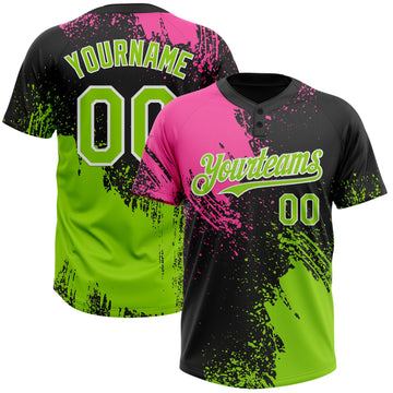 Custom Black Neon Green-Pink 3D Pattern Abstract Brush Stroke Two-Button Unisex Softball Jersey