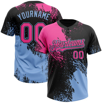 Custom Black Pink-Light Blue 3D Pattern Abstract Brush Stroke Two-Button Unisex Softball Jersey