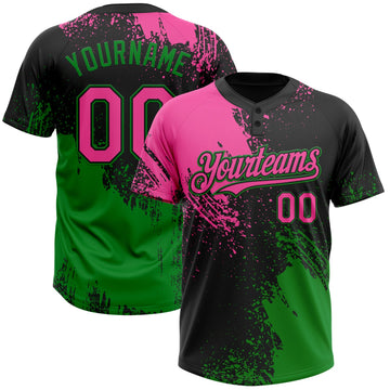 Custom Black Pink-Grass Green 3D Pattern Abstract Brush Stroke Two-Button Unisex Softball Jersey