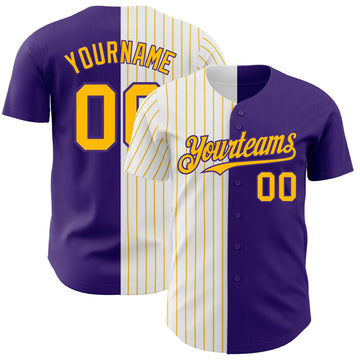 Custom Purple White-Gold Pinstripe Authentic Split Fashion Baseball Jersey