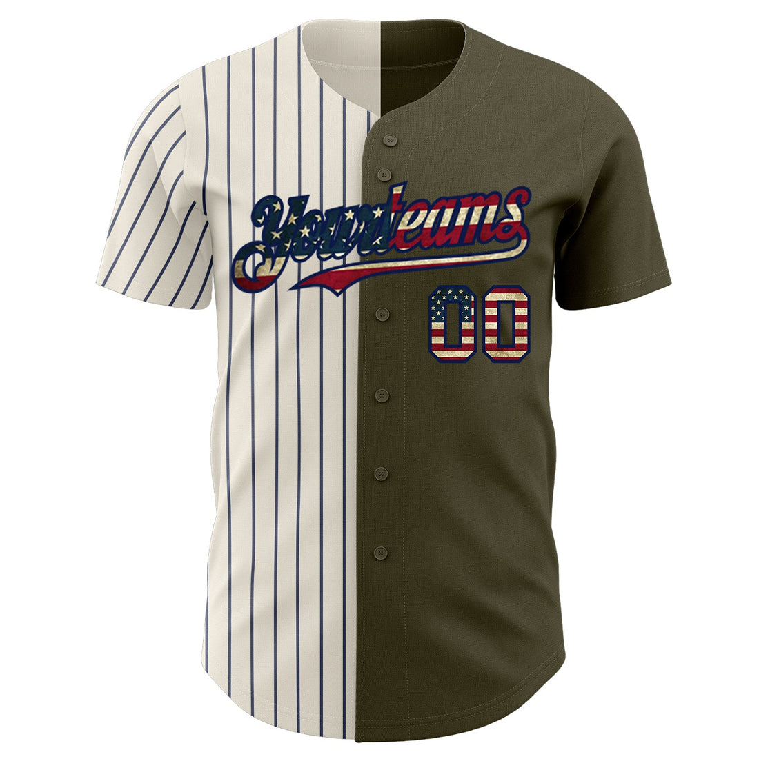 Custom Olive Vintage USA Flag Cream-Navy Pinstripe Authentic Split Fashion Salute To Service Baseball Jersey