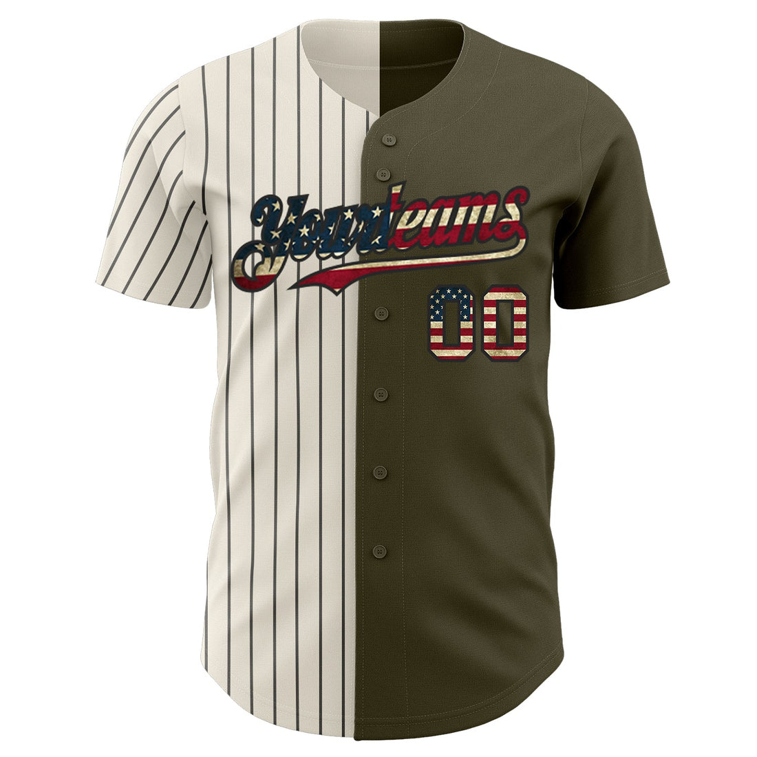 Custom Olive Vintage USA Flag Cream-Black Pinstripe Authentic Split Fashion Salute To Service Baseball Jersey