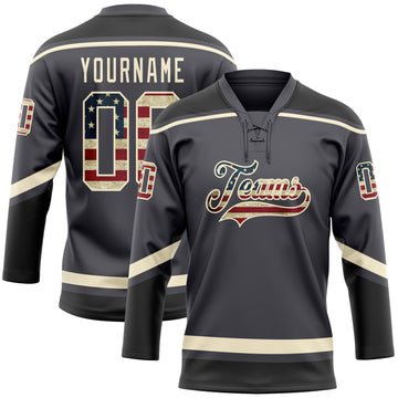 Custom Steel Gray Vintage USA Flag Cream-Black Hockey Lace Neck Jersey