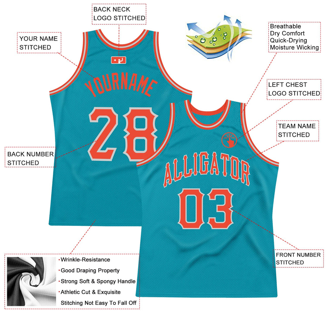 Custom Teal Orange-Gray Authentic Throwback Basketball Jersey