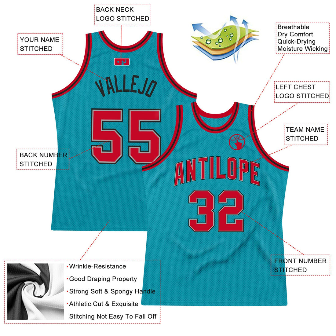 Custom Teal Red-Black Authentic Throwback Basketball Jersey