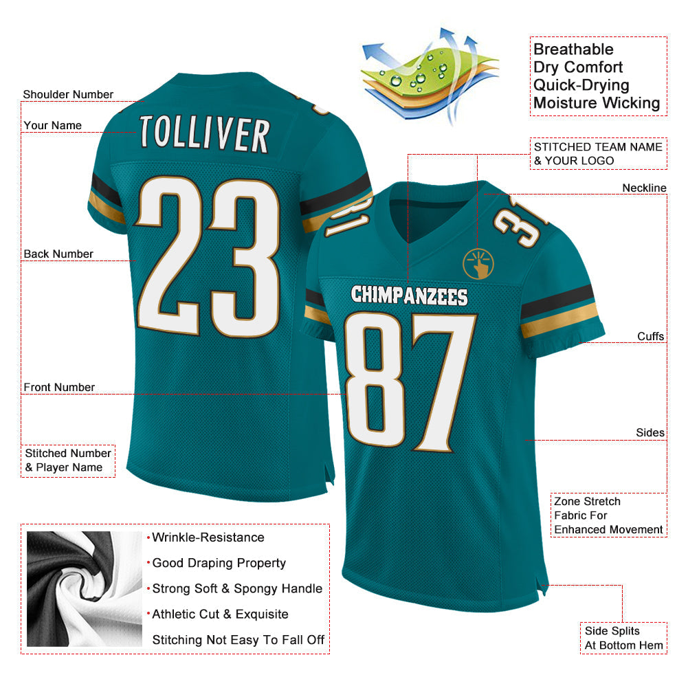 Custom Teal White-Old Gold Mesh Authentic Football Jersey