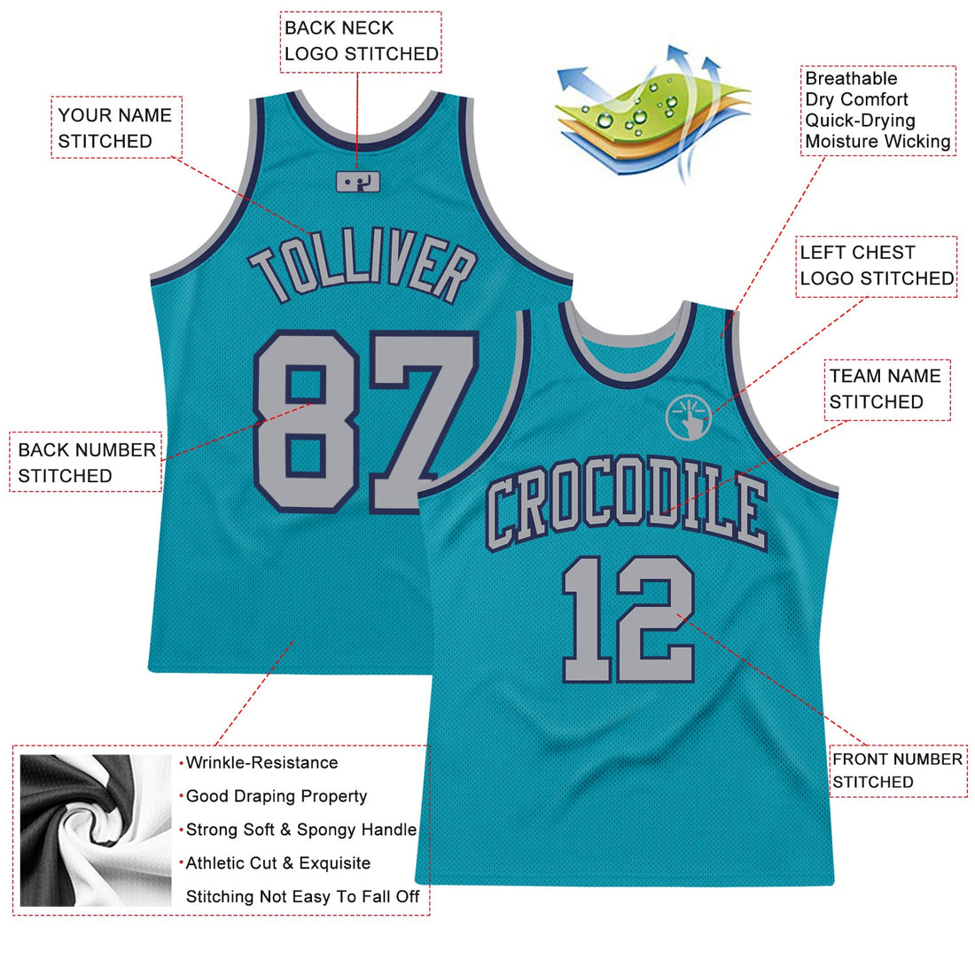 Custom Teal Gray-Navy Authentic Throwback Basketball Jersey