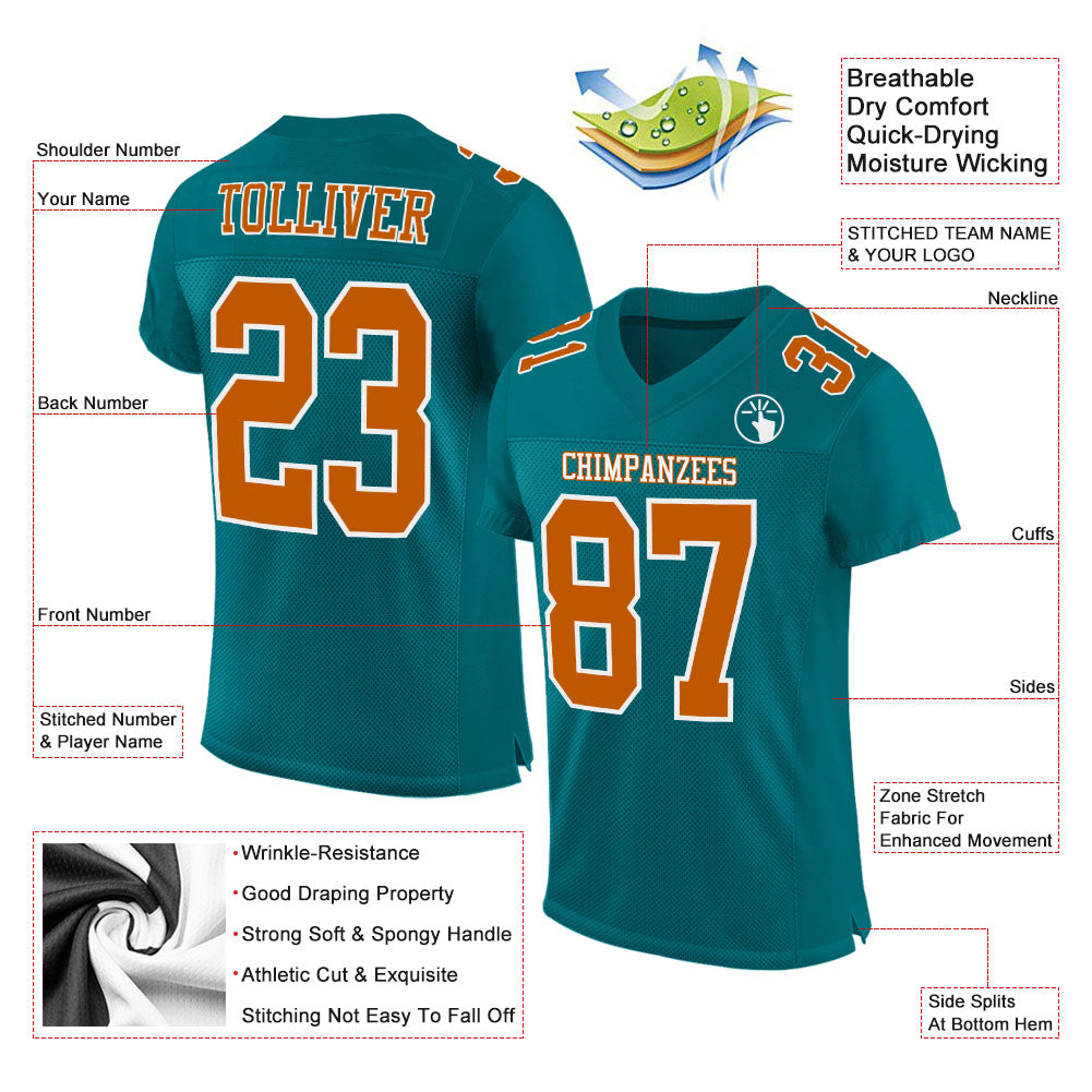 Custom Teal Texas Orange-White Mesh Authentic Football Jersey