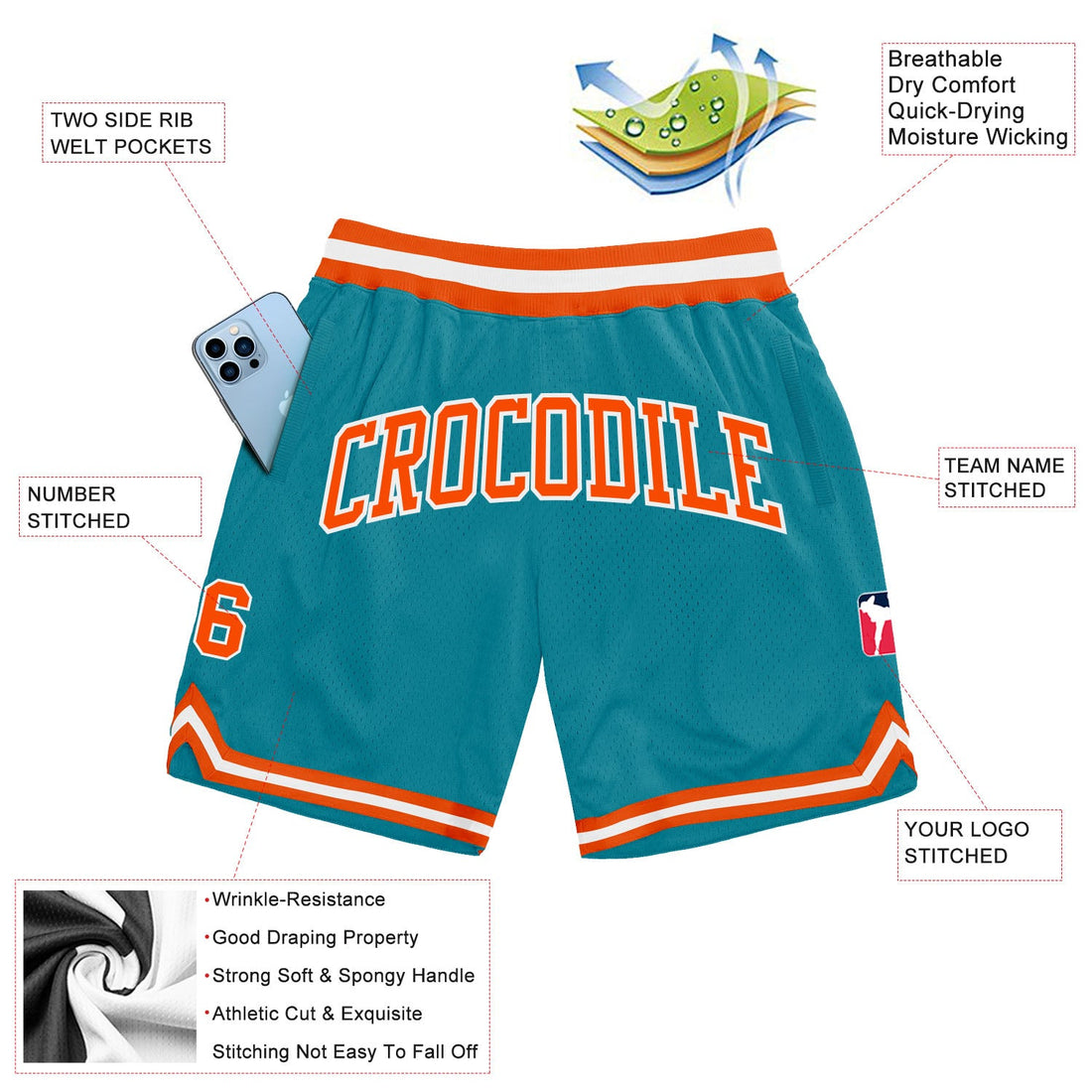 Custom Teal Orange-White Authentic Throwback Basketball Shorts