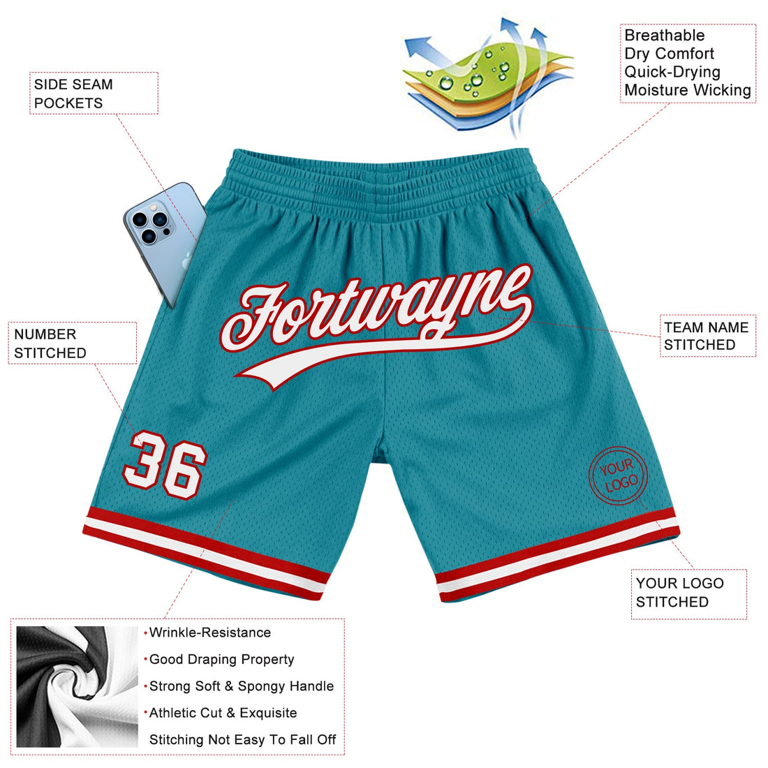 Custom Teal White-Red Authentic Throwback Basketball Shorts