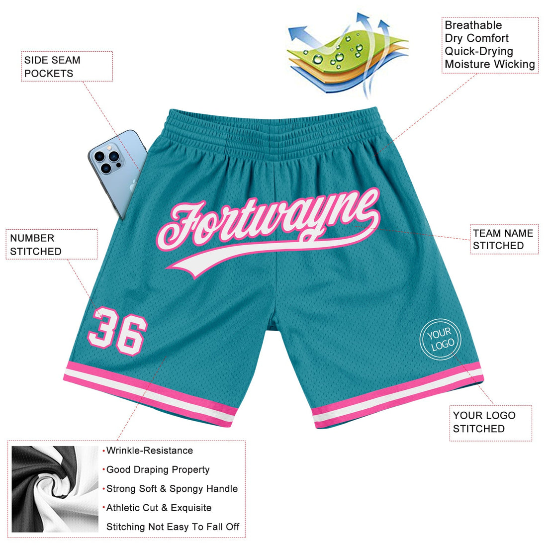 Custom Teal White-Pink Authentic Throwback Basketball Shorts