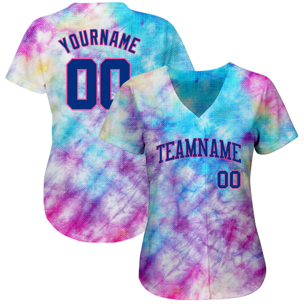 Custom Tie Dye Royal-Pink 3D Authentic Baseball Jersey