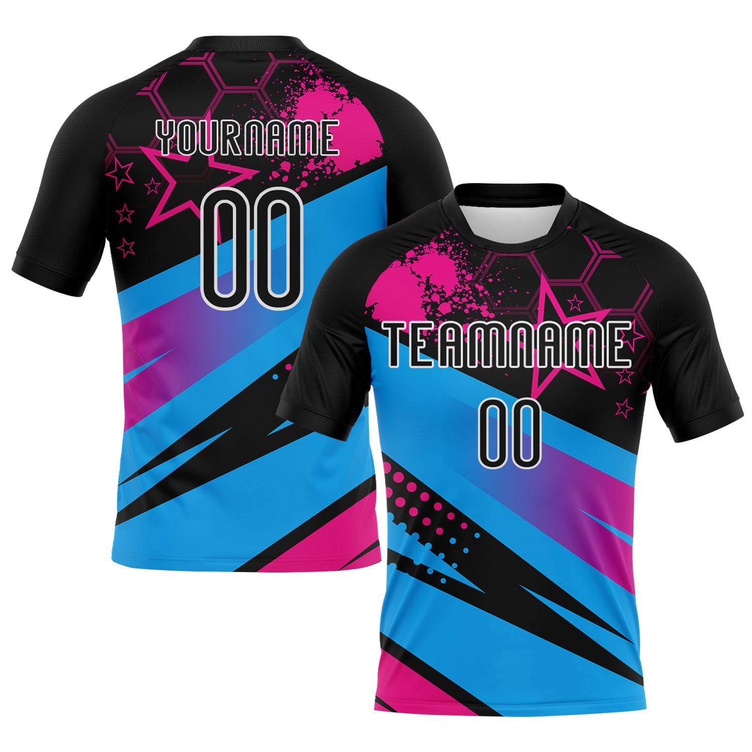 Custom Black Sky Blue-Pink Geometric Shape And Splash Sublimation Volleyball Uniform Jersey