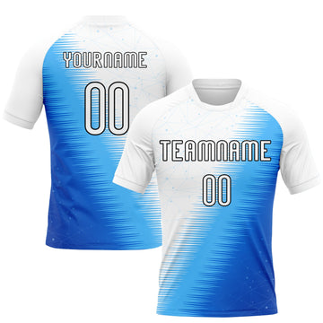 Custom Thunder Blue White-Black Geometric Shape And Lines Sublimation Volleyball Uniform Jersey