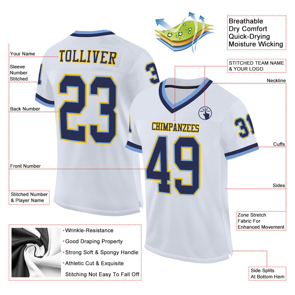 Custom White Navy-Light Blue Mesh Authentic Throwback Football Jersey