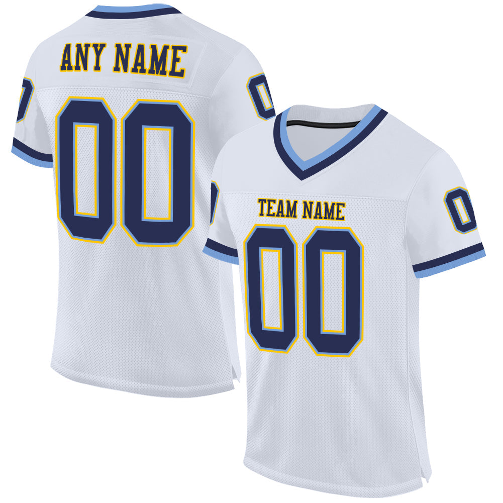 Custom White Navy-Light Blue Mesh Authentic Throwback Football Jersey